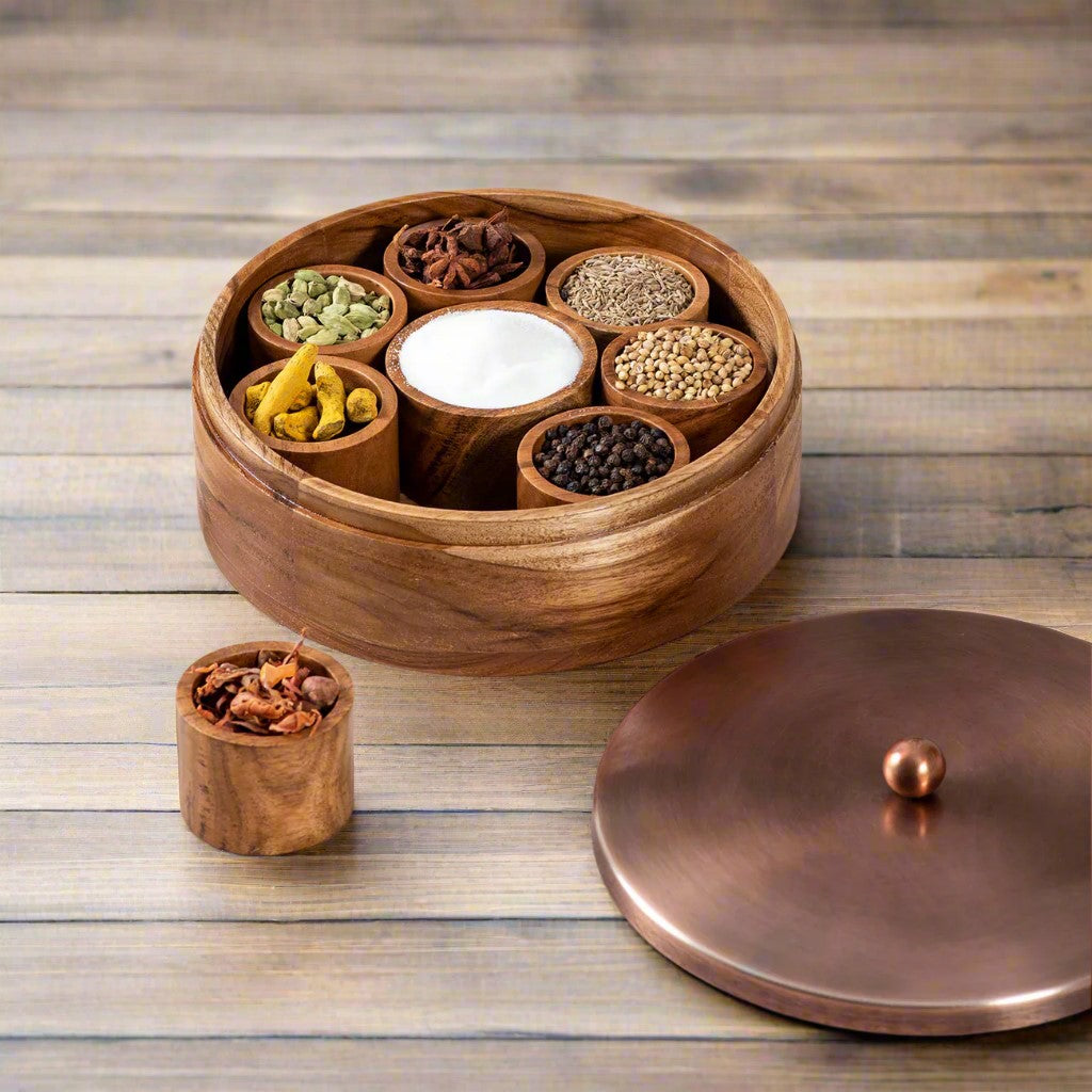 wooden spice box with wooden 8 bowls for spices for kitchen/gift item, copper color